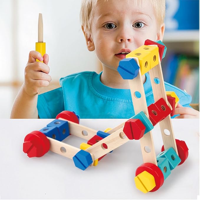 LOVELAND Wooden Take-Apart STEM Toy, 43-Piece Nut & Bolt Construction Set with Wooden Screwdriver & Wrench, Build Airplanes Helicopters Race Cars, Montessori Engineering Gift Ages 3-5