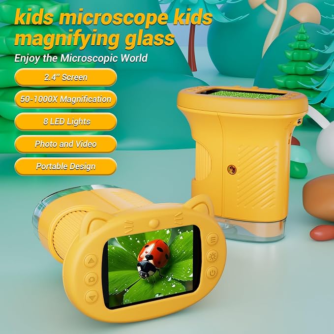 Kids Microscope: 1000X Handheld Pocket Microscope for Photo and Video Portable Science Kits STEM Toys – Christmas/Birthday Gifts for Girls & Boys Ages 3-12(Orange)