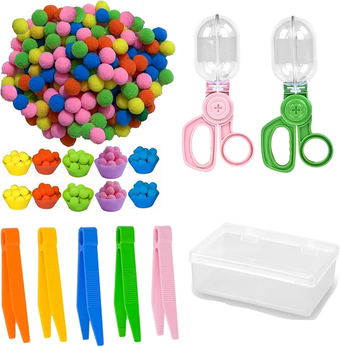 218Pcs Montessori Fine Motor Toys for Toddlers, Pom Poms Sorting Set with Tweezers, Clips, Cups & Storage Box, Sensory Bin for Preschool Learning, Counting, Color Matching