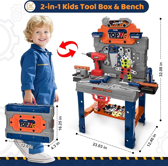 Kids Tool Bench with Electric Drill, Toddler Tool Set for Boys Ages 3-5 6-8 | 132 Pcs Kids Tool Set with Toddler Tool Box & Tool Bench, Christmas Birthday Gifts Toys for Boys Ages 3 4 5 6 7 8+ (Orange)