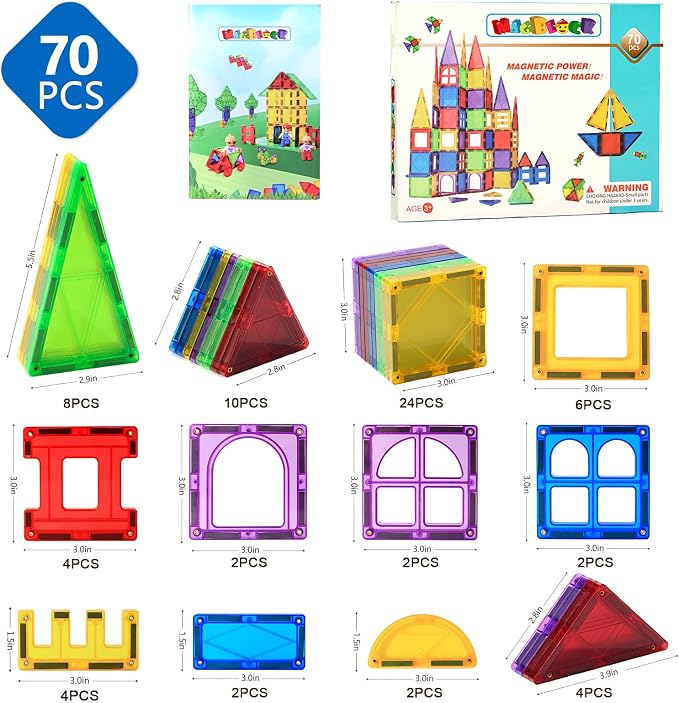 MAGBLOCK Magnetic Tiles, 70PCS Magnetic Blocks for Kids | Magnet Building Set,Educational Toys for Kids Ages 3-8, Montessori Sensory Magnet Blocks for Kids