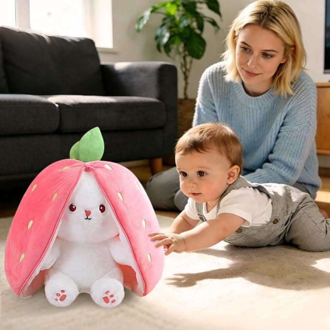MIAODAM Strawberry Bunny Stuffed Animal,Reversible Cute Bunny Rabbit Plush | Zipper Design Turns Into Ear Bunny Plushies Toy,Cuddle Stuffed Bunny Doll for Kids Girls,Christmas/Birthday/Easter Bunny Gift