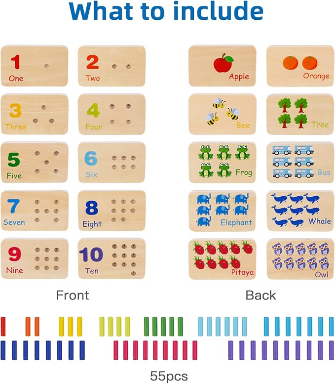 TOOKYLAND Peg Board Toddler Toys, Counting Wooden Toys with 55 Pegs | Wooden Math Manipulatives, Montessori Math and Numbers for Kids & Kindergarten Learning Activities