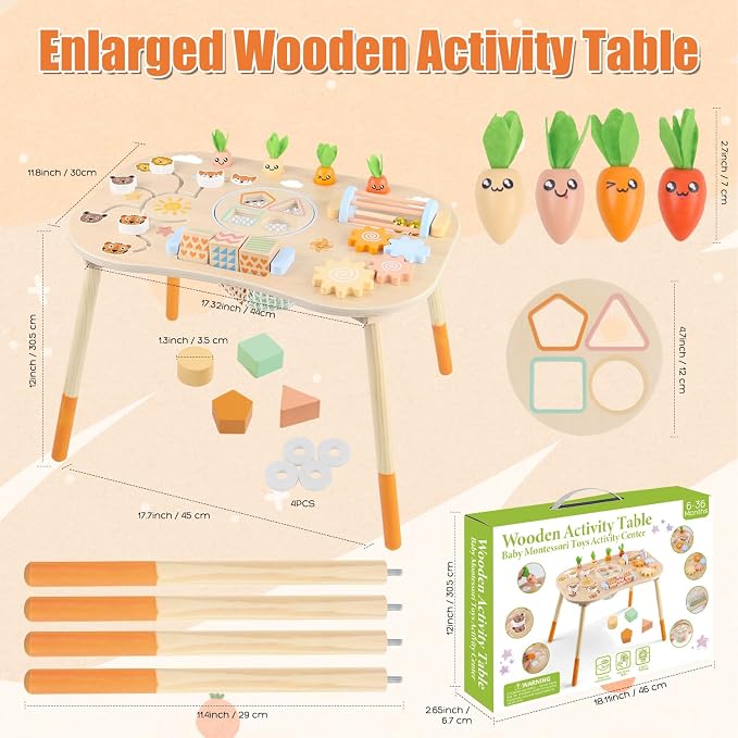 Wooden Activity Table for 1 Year Old Toddlers Sensory Table Activity Center | Wood Montessori Baby Activity Table Shape Sorter Game Sensory Toys for 2 1-3 Kids Gift (Length*Height: 17"*11.8")