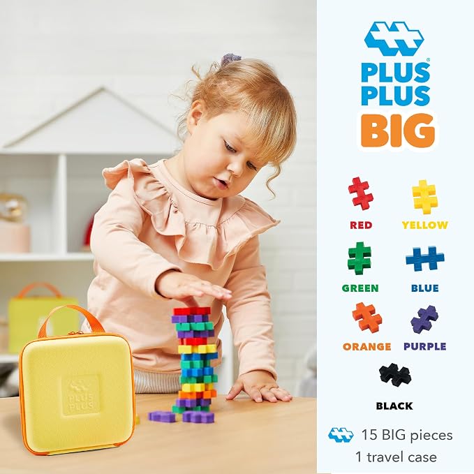 PLUS PLUS Big Travel Case w/ 15 Big Pieces - Large Blocks for Toddlers | Quiet Stem Toys for Toddlers, Prek Classroom Essentials, Waffle Blocks Jumbo, Stem Bins for Classroom, Sensory Bins