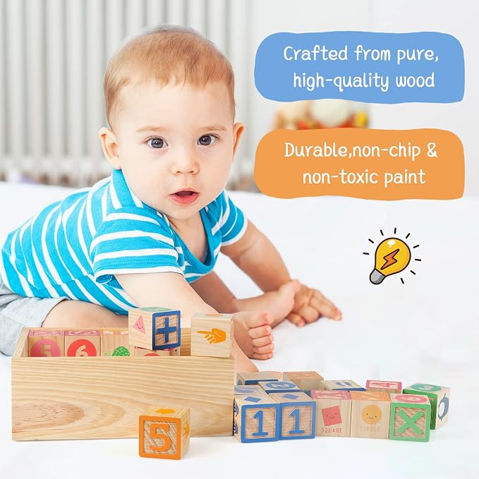 ABC Wooden Building Blocks for Toddlers 3 Large, 40 PCS Alphabet & Number Stacking Blocks with Storage Tray, Montessori Educational Learning Toys for Boys Girls Kids Gifts 1.65"