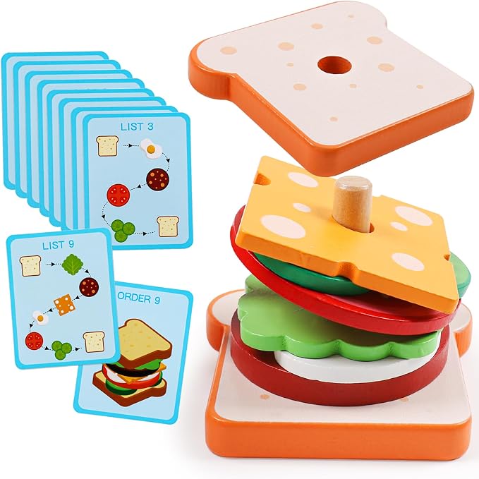 Wooden Sandwich Sorting Stacking Toys Play Food Set for Toddlers Preschool Educational Montessori Toys Fine Motor Toy for Kids Boys Girls