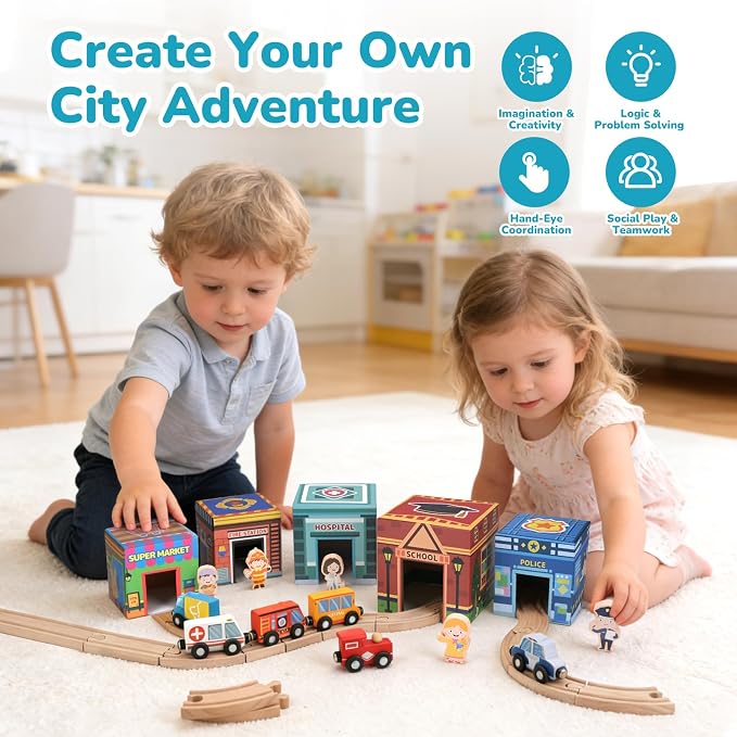 Wooden Train Set for Kids, Wood Train Tracks Complete Town Railway Playset | Train Set for Kids 3-7 with Matching Figures, Vehicles, Stacking and Nesting Blocks, Sorting & Stacking Toys for Boys Girls