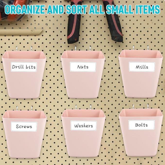Large Pegboard Cups, 6Pack Peg Board Square Storage Bins With Hooks (Pink) | Big Open-Mouth Cups, 1/8" 1/4" Pegboard Organizer Accessories, Cup Holder for Craft Garage Workbench Office Tools Supplies