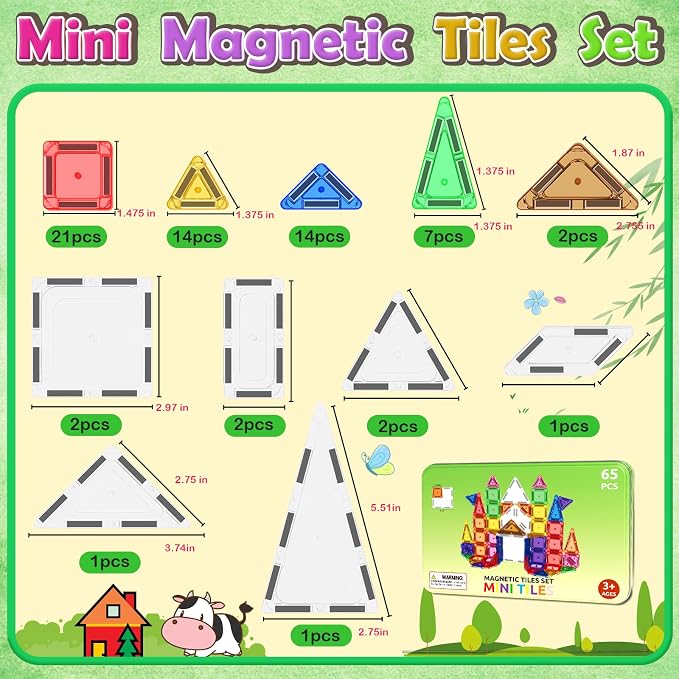 ORZbb 65PCS Mini Magnetic Tiles Toddler Travel Essentials Set with Case, Magnetic Building Blocks Sensory Montessori Preschool Learning Toys Gifts for 3-8 Year Old Boys Girls