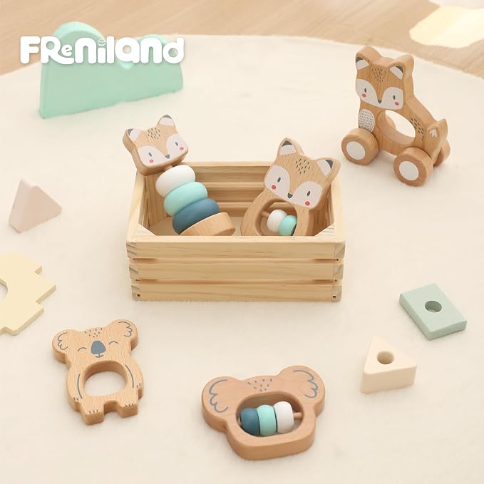 FReniland Wooden Montessori Toys, 5-Piece Wooden Baby Toy, Koala Baby Rattle, Fox Stacking Ring, Little Fox Push and Pull Toys,Koala Holding Toy,Newborn Baby Gift Sets for Boys and Girls