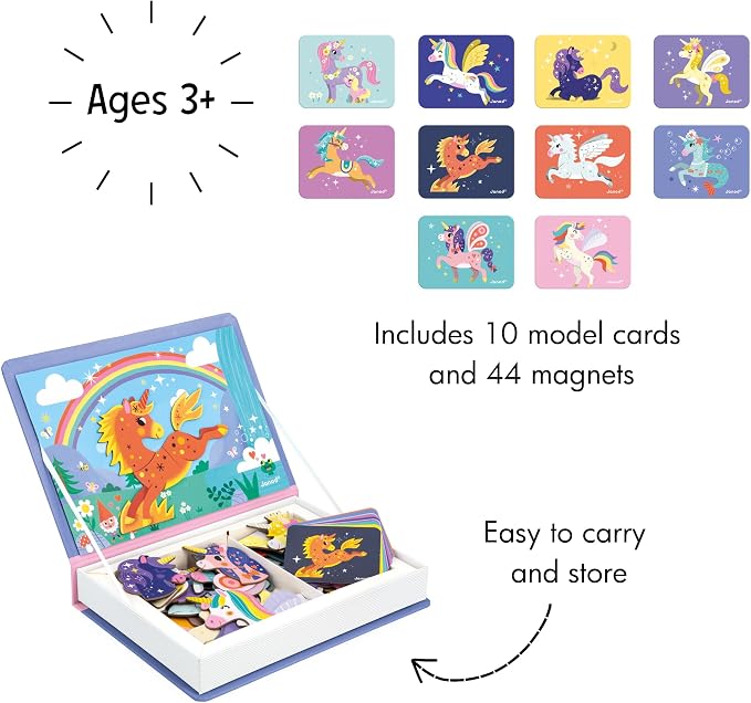 Janod - Magnéti'Book Unicornes - Magnetic Educational Game 44 Magnets + 10 Models - Children's Toy Made of Cardboard - Develops Dexterity and Imagination - Ages 3 and Above | Develops Dexterity and Imagination - Sturdy Cardboard - 10 Models Included - ...