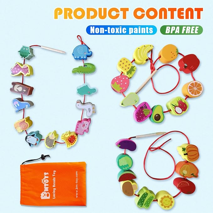 BMTOYS Montessori Educational Threading Toys Wooden Stringing Farm Animals Fruits Lacing Beads Preschool Toy for Toddler 3 4 5 Year Old Boys Girls