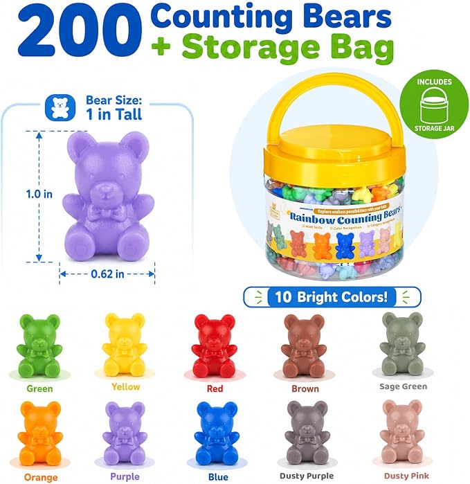 XINHUIDALSQ Rainbow Counting Bears Set of 200, 10 Colors Sorting Teddy Plastic Bears Math Manipulatives for Toddlers, 1 Inch Bear Conters Ages 3+ Kids