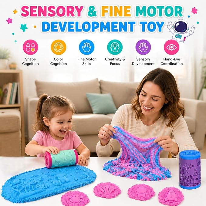DaoDaoZhu Sensory Sand Kit, Magic Sand Toys, Sensory Toys for Kids Toddlers | Ocean & Space Pattern Roller, 10.58oz Non-Toxic Stretch Magic Sand, Sensory Play Sand Toys, Christmas & Birthday Gifts