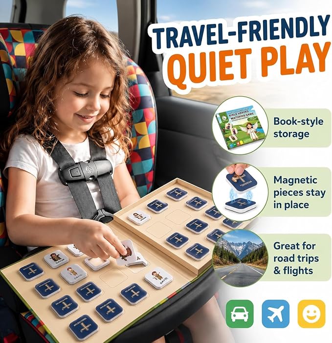 Travofun Magnetic Bible Matching Game, Memory & Clue Cards, Ages 4-8 | Magnetic memory matching with Bible character clue cards for church, Sunday school, family learning and travel.