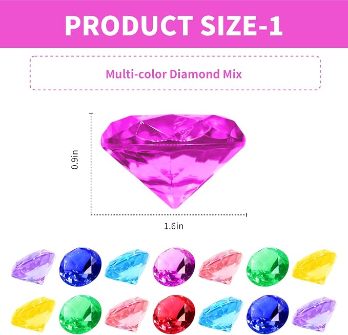 60Pcs Sea Shell Diving Gem Toys 1.57in Large Acrylic Plastic Diamond | 15 Pcs Colorful Gems 45+ Pcs Fake Seashells for Kids Mermaid Pool Party Favors, Pirate Treasure