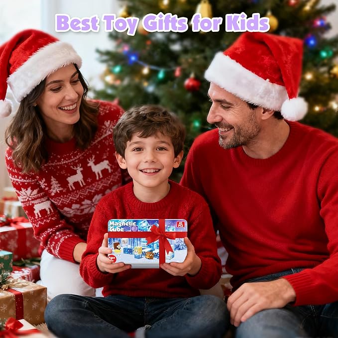Magnetic Blocks, 45pcs Travel Toys Building Set with Magnetic Tin Box, Transparent & Light Up Magnet Cubes for Blue Snow Castle Build, Princess Toy Birthday Gift for Kid Girl 3+
