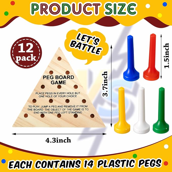 Skylety 12 Pack Triangle Peg Games Wooden Board Table Game for Family Boys Girls Adults, Learning Toys Travel Peg Jump Toys Triangle Puzzle Brain Teaser Christmas Gifts (Multicolor)