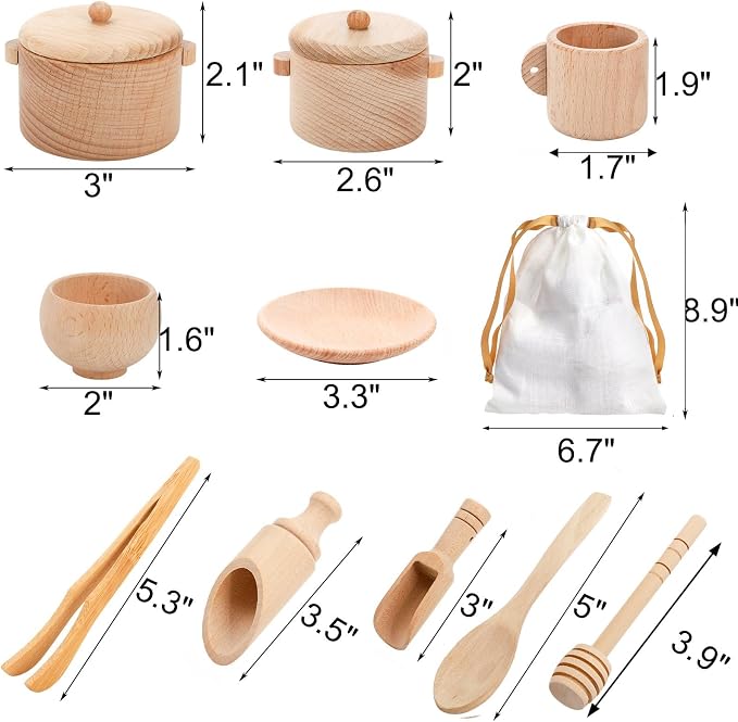 Hiceeden Set of 11 Wooden Sensory Bin Tools for Kids, Sensory Scoops and Tongs Toys with Bag, Waldorf Montessori Toys for Fine Motor Skill Learning