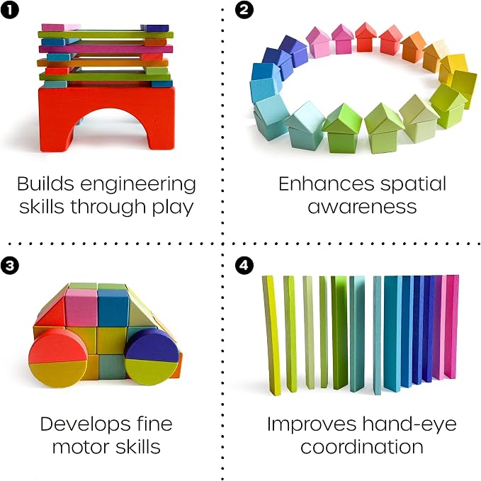 Quiggly Montessori Wooden Rainbow Building Blocks - 68 Pc STEM Toy Set | Storage box with carry handles, ages 12-48 months