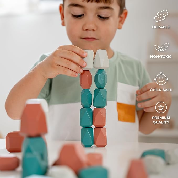 Comfy Cubs Stacking Rocks 36 Pieces, 36 Months+, Educational Toddler Stacking Blocks, Promotes Imagination, Balance & Fine Motor Skills - Wooden Rocks Sensory Toys Gift for Kid, Dino Pack