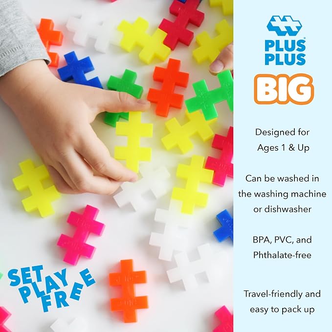 PLUS PLUS Big 100 Piece, Neon Color Mix - Large Blocks for Toddlers | Quiet Stem Toys for Toddlers, Prek Classroom Essentials, Waffle Blocks Jumbo, Stem Bins for Classroom, Sensory Bins