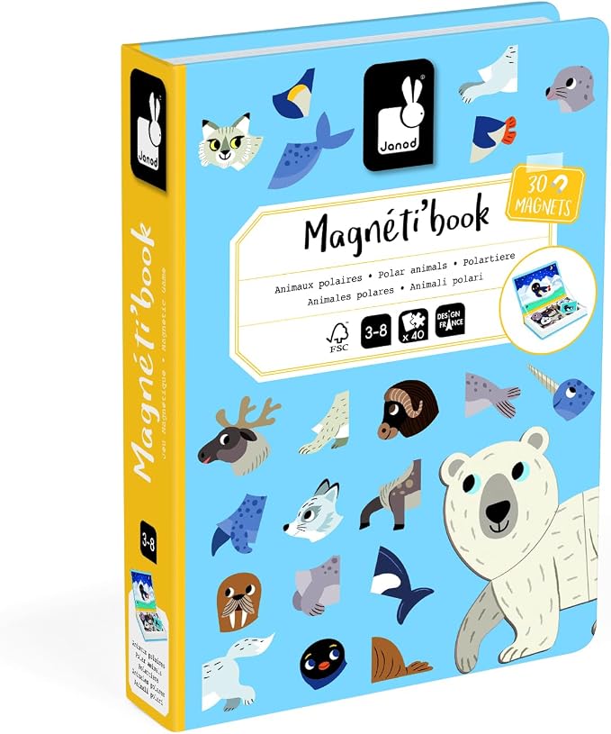 Janod - Magnéti'Book Polar Animals - Magnetic Educational Game 30 Magnets + 10 Models - Children's Toy Made of Cardboard - Develops Fine Motor Skills and Imagination - Suitable for Ages 3 and Above | Develops Fine Motor Skills - Boosts Imagination - Ca...