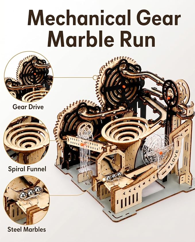 3D Wooden Puzzle for Adults, Electric DIY Marble Run Model Kit with Spiral Funnel, Gear-Driven Motion & Steel Marbles, Brain Teaser Building Toy, Creative Desk Decor Gift for Teens Adults 14+