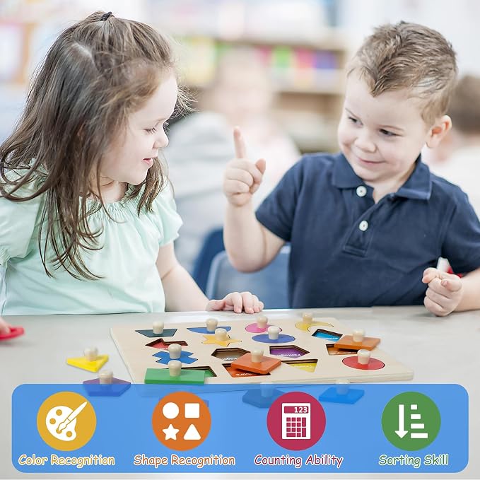 Shape Puzzles Wooden Puzzles for Toddlers Shape Sorter Toys | Peg Puzzle Educational Wooden Shape Board Puzzles, Preschool Learning Educational Toy for Baby Girls Boys