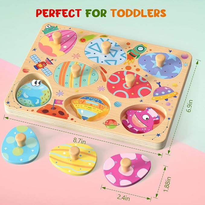 Zeoddler Wooden Puzzles for Toddlers, 8 Pcs Space Matching Egg Puzzle, Solar System for Kids, Montessori Toys for Boy Girl Easter Birthday Gifts, Educational Toys for Boys, Girls