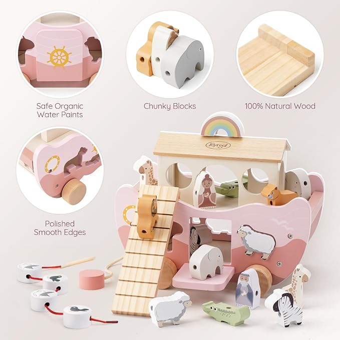 Joyreal Pink Wooden Noah's Ark Toy for 1 Year Old Baby Girl Baptism Gifts | Montessori Educational Toy, Animal Shape Sorter, Christian Toys for Toddler Boy 1-3 Years Old, Christmas Birthday Gift