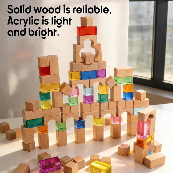 Dinhon 100Pcs Wooden & Transparent Acrylic Building Blocks Set, Beech Wood Stacking Blocks with Storage Bag, Sensory Light Construction Toy, Montessori Educational Gift for Toddler Kids 2-6 Years Old