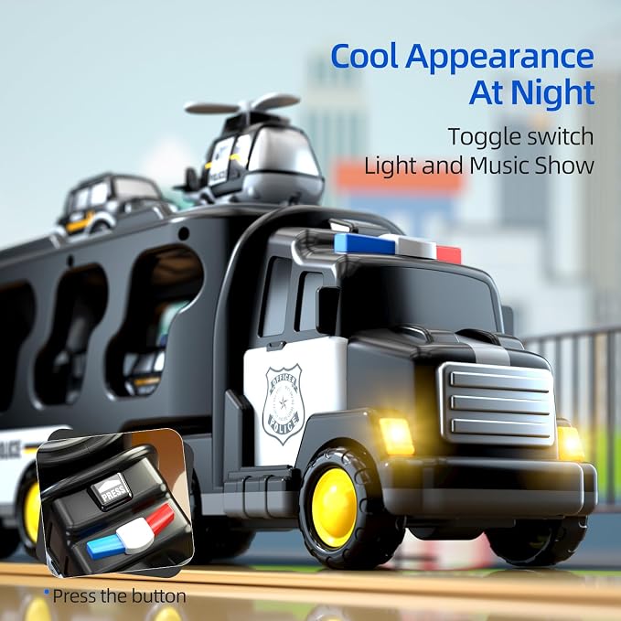 Beby Buty 5 in 1 Police Trucks Cars Toys for Toddlers 3-5, Boy Toddler Car Truck Toys with Light Sound, Birthday Gifts Toys for 3 4 5 6 Year Old Boy, Transport Carrier Truck for Toddlers 3-5 Years