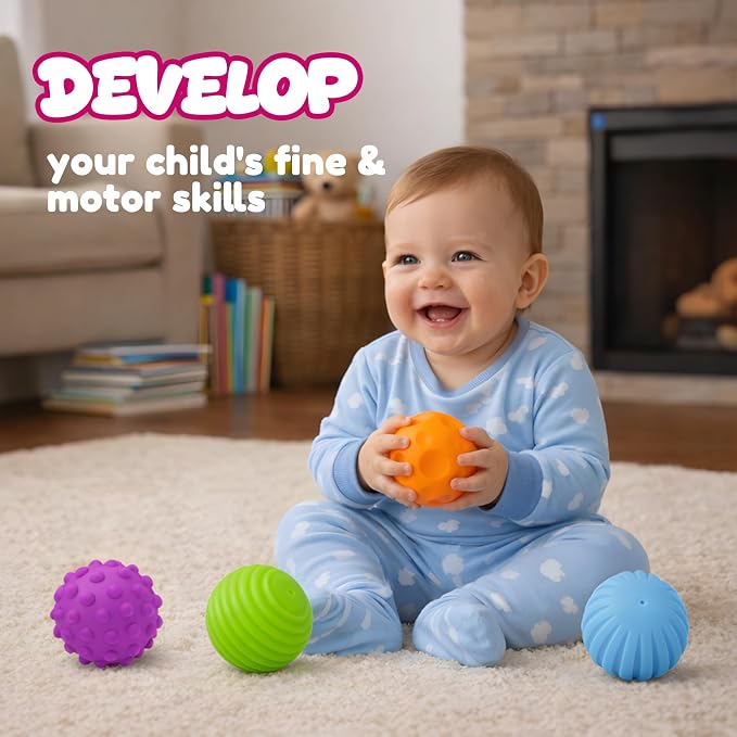 Montessori Toys for Babies 3 Months+, Baby Balls 3 to 12 Month for Babies & Toddlers 3M+, Textured Multi Ball Set Colorful & Soft Squeezy Sensory Toys. Stress Relief Balls for Infant (4 Pack)
