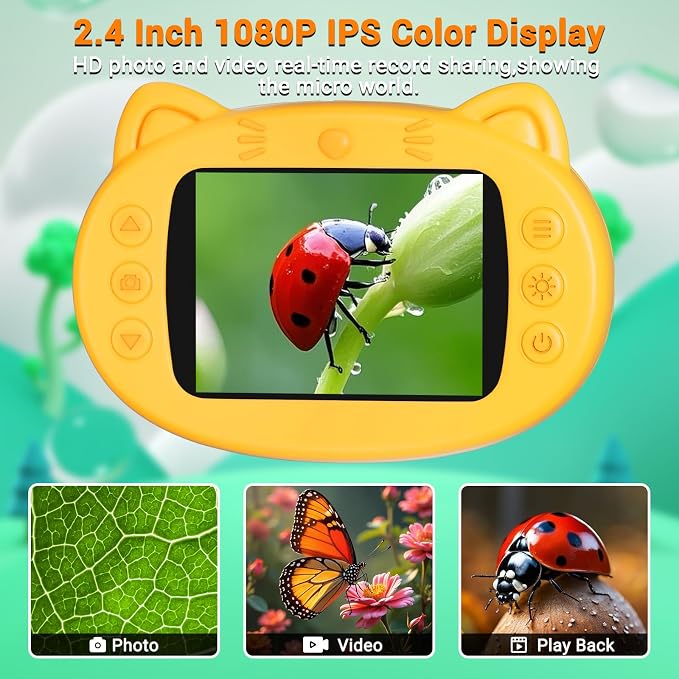 Pocket Kids Microscope, 1000X Handheld Microscope for Kids w/2.4'' Screen, Photo Video Mini Portable Microscopes Science Edu Digiscope, Christmas Birthday Gifts Ideas for Kids Ages 3-12(Orange)