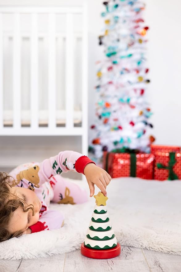 Pearhead Wooden Christmas Tree Stacking Toy Set, Holiday Toys for Toddlers