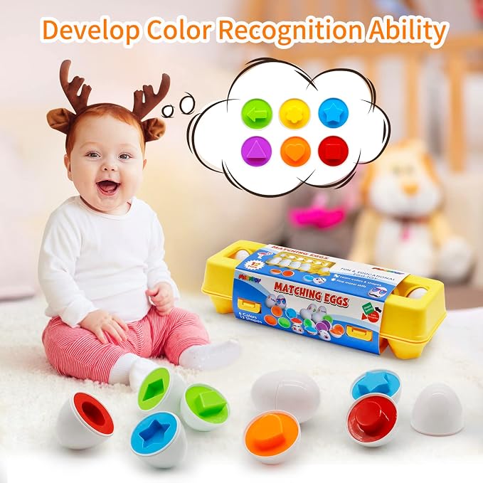MOONTOY Matching Eggs for Toddlers 2-4, 12PCS Preschool Educational Learning Color & Shape Sorter Sensory Montessori Toy Toddler Easter Eggs Basket Stuffers Gift for 18M+ Year Old Kid Baby Boy Girl