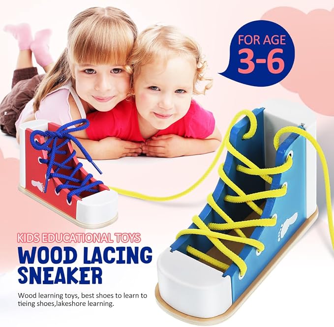 STOBOK 2pcs Learn to Tie Shoes for Kids with Wooden Lacing Sneaker Toy | Tie-Up Shoe Practice Kit Threading Montessori Educational Toys (Blue + Pink)