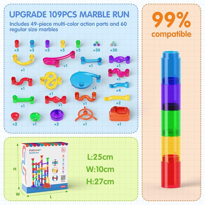 Ifollower Marble Run, 109Pcs Marble Maze Game Building Toys for Kid, Upgrade Mable Track Race Construction STEM Learning Toy, Birthday for Boys Girls Aged 3-12
