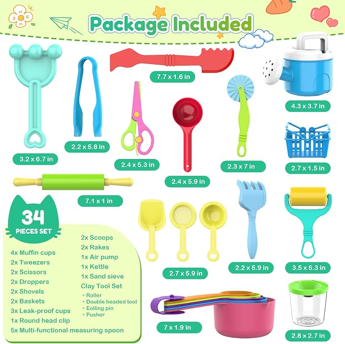 34PCS Sensory Bin Filler Tools,Fine Motor Skills Handy Sensory Bin Scooper Set with Scoops,Tweezers,Beach Shovels,Kettle,Rake,Sensory Table Bin Accessories for Counting Sorting Hammering Pounding