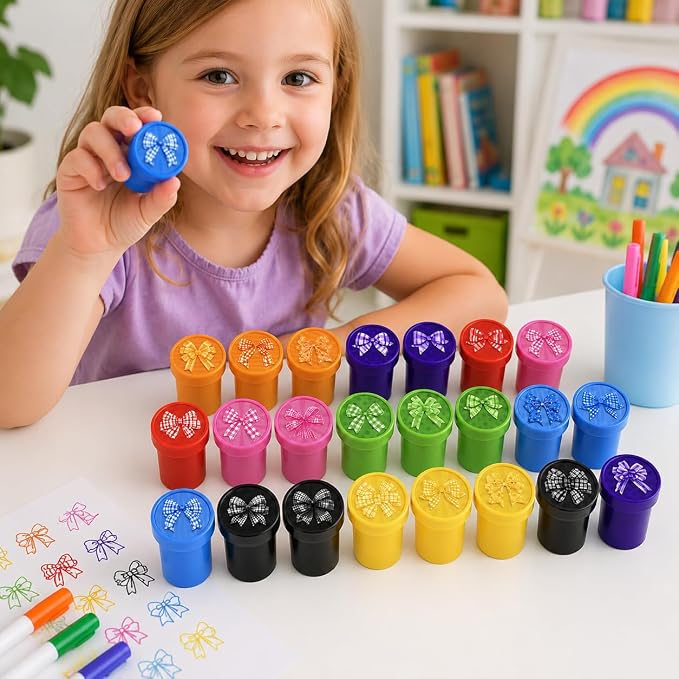 Cinrobiye 24 Pcs Bow Stampers Party Favors for Kids, Cute Pre-Inked Bow Stamps for Birthday Party, Goodie Bag Stuffers, Classroom Rewards, Carnival Prizes, Pinata Fillers, Kids Toys, Party Gifts