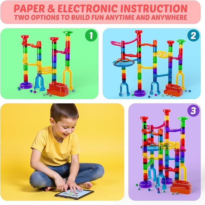 MaxTronic Marble Run kit, 109 Pcs Marble Maze Race Building Blocks Toy Game & STEM Learning Toys Christmas Birthday Gift for Kids Aged 3-12