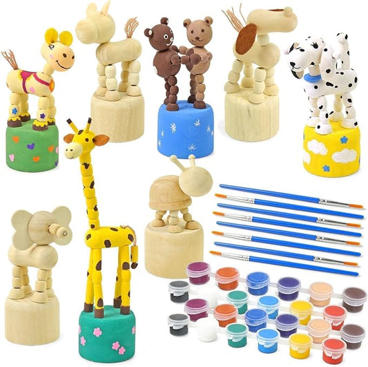 Arts and Crafts for Kids Ages 4-8 with Paints, Brushes, 8 Animals Figures | 8 Unfinished Wood Animal Figurines, DIY Kids Craft Kits for Painting Party Favors, Boys and Girls Gifts