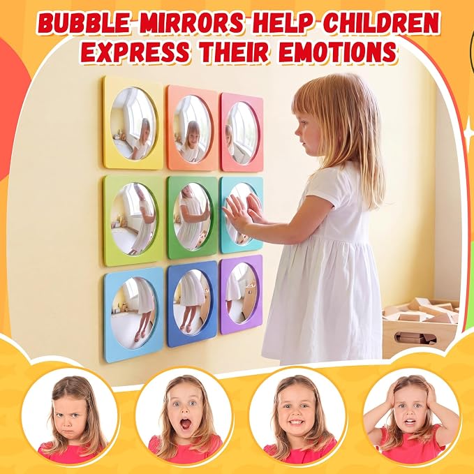 Geiserailie 9 Pcs Sensory Wall Bubble Mirrors, 6 x 6 Inch, CPC Certified | Colorful Acrylic Convex Mirrors, Sensory Room must haves, Classroom Learning Tool, Calming Corner, Preschool Daycare Activity