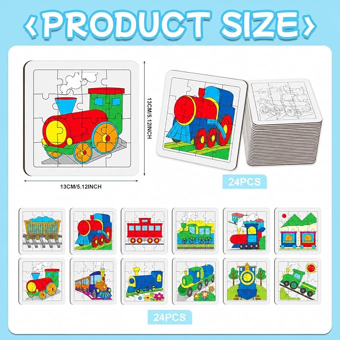 Cinrobiye 24 Pcs Train Coloring Puzzle Craft Kit for Kids, DIY Transportation Jigsaw Puzzles Bulk, Train-Themed Activity Set for Birthday Party Favors, Classroom Games, Art Projects