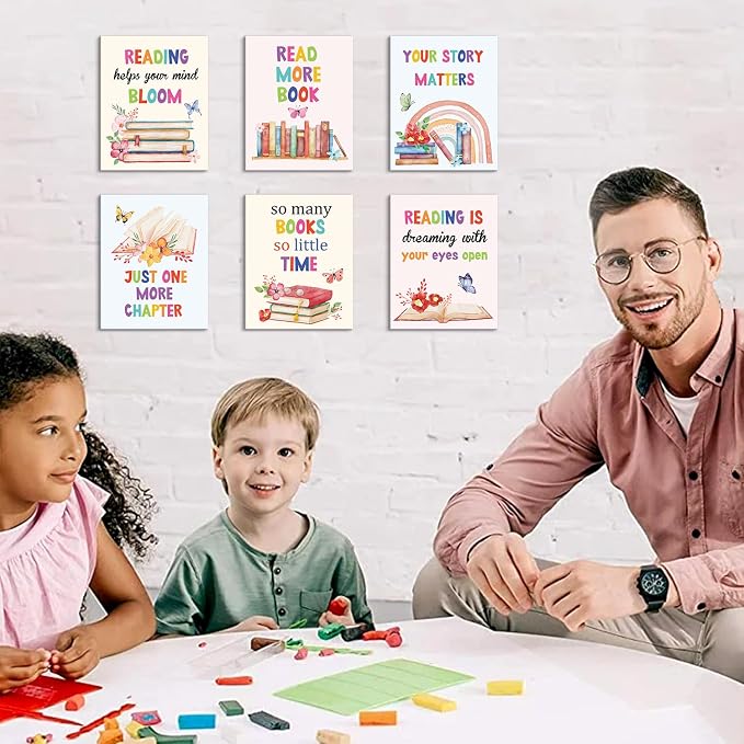 HOURIA 6Pcs Framed Classroom Reading Corner Canvas Wall Art(8"x10"),Inspirational Classroom Library Poster Wall Decor, So Many Books So Little Time Art Print for Nursery Middle School Student