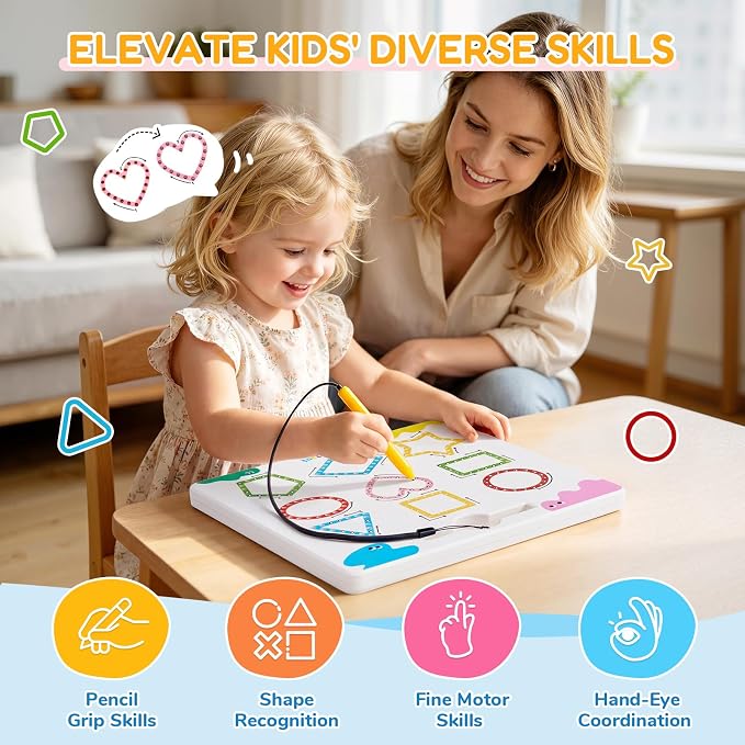 JoyCat Magnetic Shapes and Lines Tracing Board, 2-in-1 Pencil Control Toy | Double-sided fine motor toy for toddlers and kids supports preschool learning; road trip car activities and birthday gifts.
