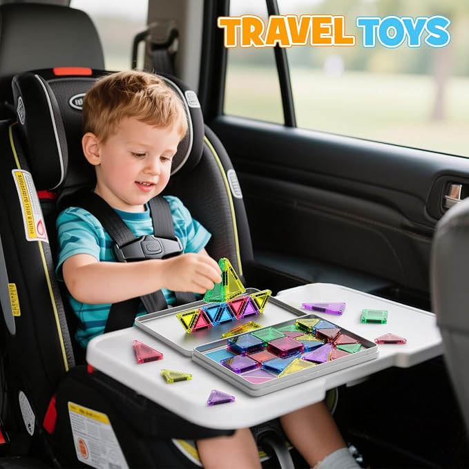 42PCS Mini Magnetic Tiles Travel Set with Iron Storage Box - Portable STEM Building Blocks for Kids 3-8, Montessori Educational Magnet Toys for Airplane, Car Rides & On-The-Go Play | Portable Montessori educational magnetic building tiles for airplane,...