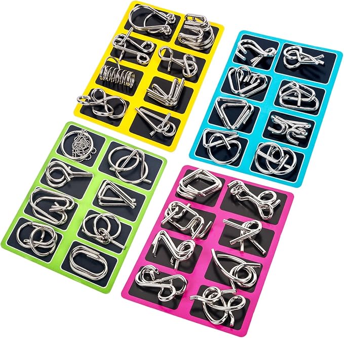 Ahyuan Metal Wire Puzzles Set 32 with Pouch Large Thick Brain Teaser Puzzles Fidget Toys IQ Test Mind Games Toys Magic Trick Toy Metal IQ Puzzle Party Favors for Kids Adults (Silver)